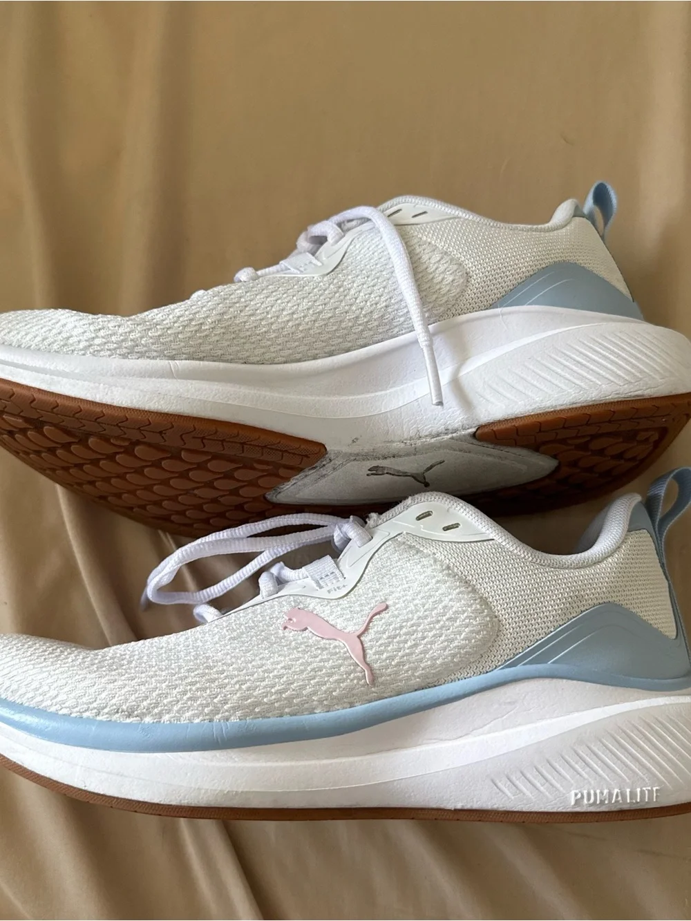Puma Women's White Running Shoes with Pink Logo and Blue Trim